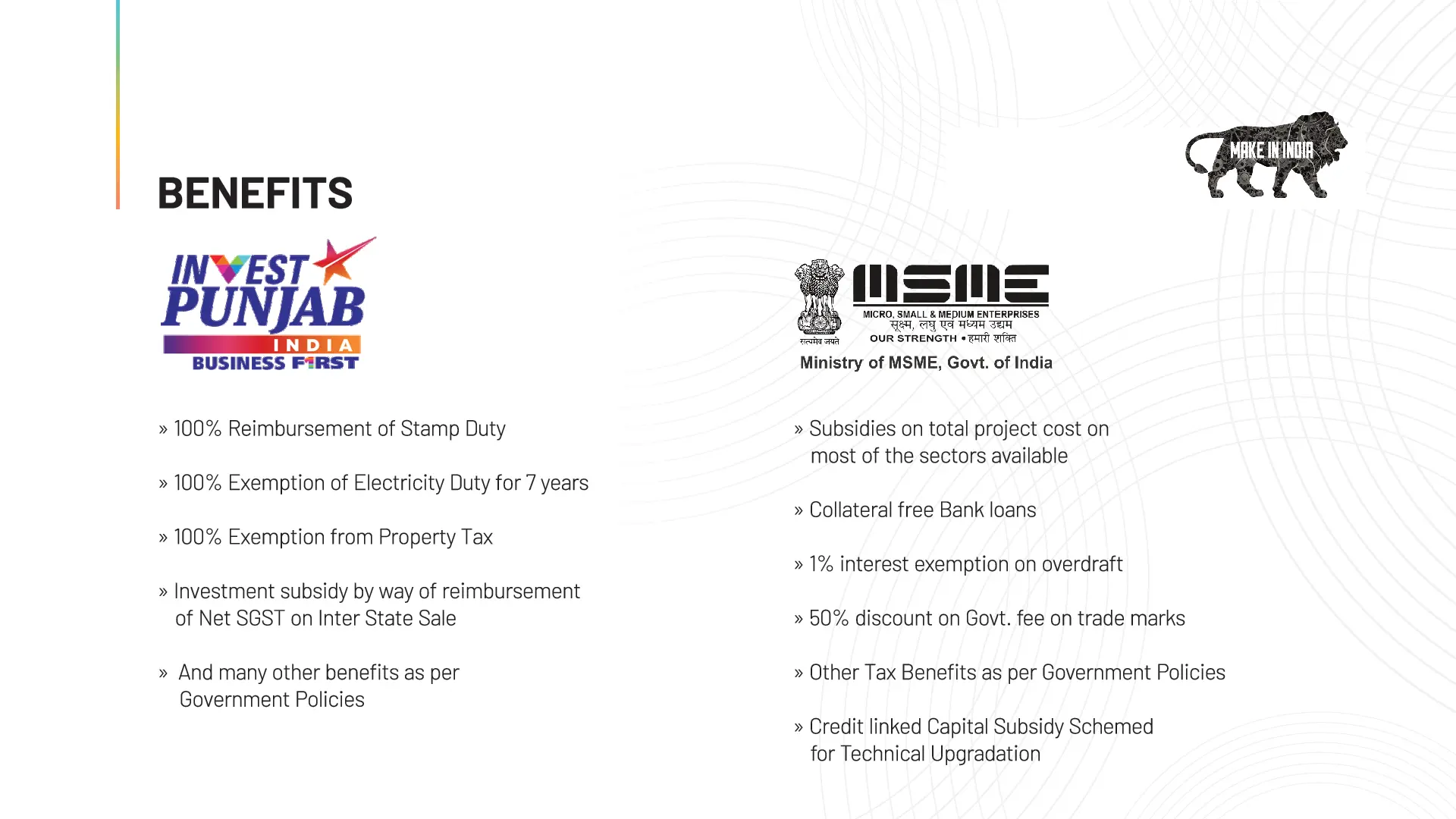 Invest Punjab and MSME benefits: stamp duty reimbursement, electricity duty exemption, property tax exemption, SGST reimbursement, collateral free loans, overdraft interest exemption, trademark fee discount, credit linked capital subsidy