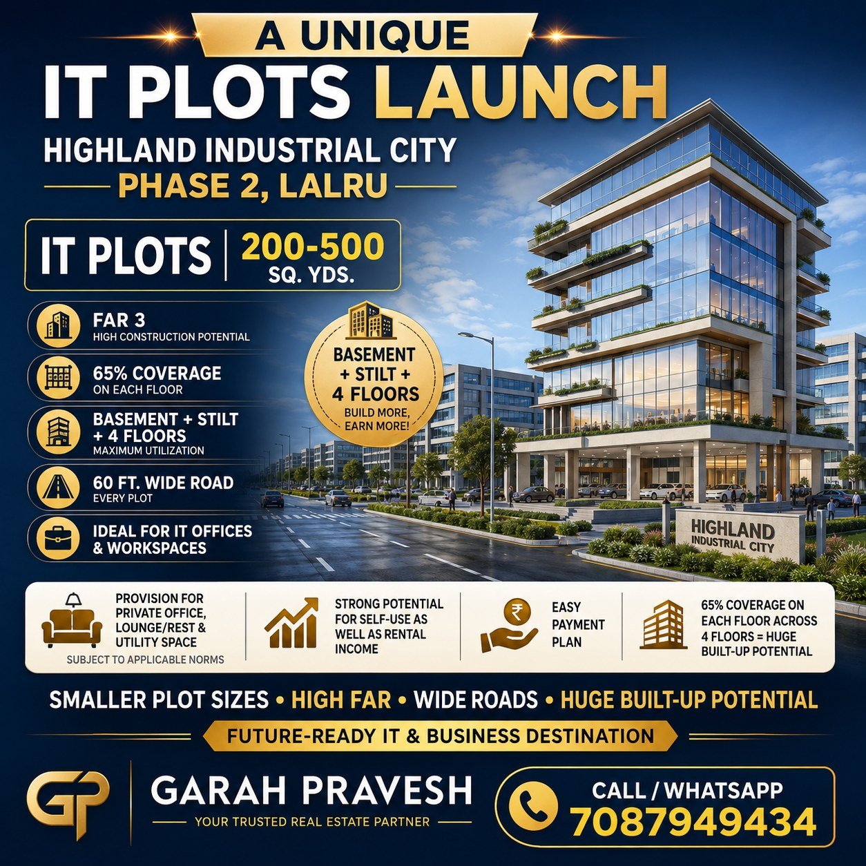 Highland Industrial City IT Plots Launch, Phase 2, Lalru — plots 200 to 500 sq yd, FAR 3, 65% coverage per floor, Basement plus Stilt plus 4 Floors, every plot on a 60 ft wide road, ideal for IT offices and workspaces
